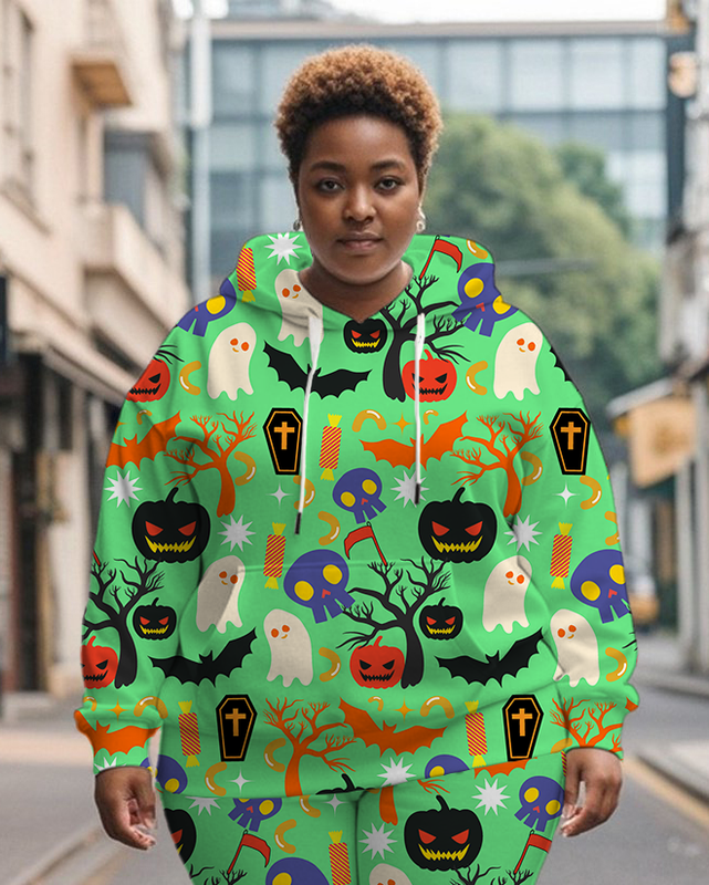 Women's Plus Size Halloween Graffiti Hoodie Set