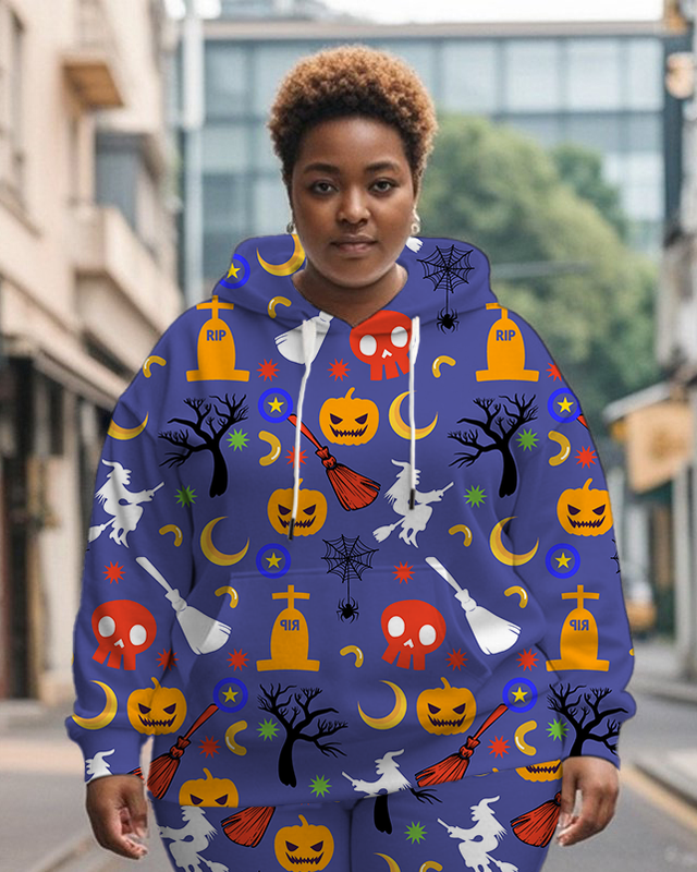 Women's Plus Size Halloween Graffiti Hoodie Set