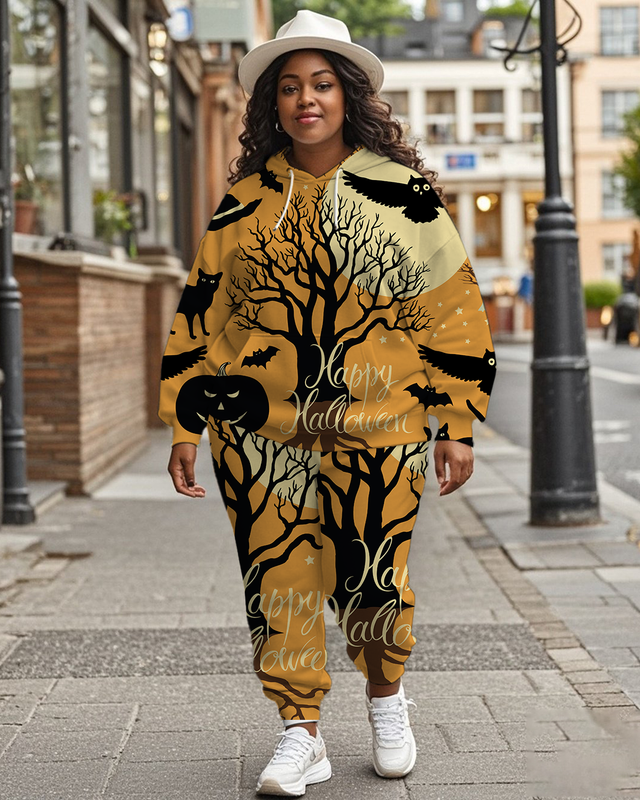 Women's Plus Size Halloween Graffiti Hoodie Set