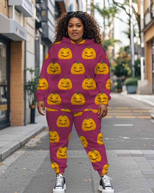 Women's Plus Size Halloween Graffiti Hoodie Set