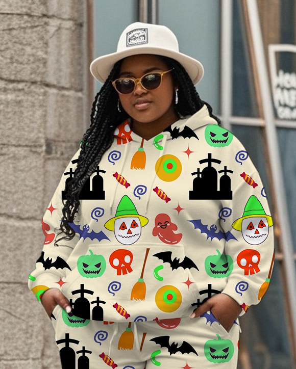 Women's Plus Size Halloween Graffiti Hoodie Set