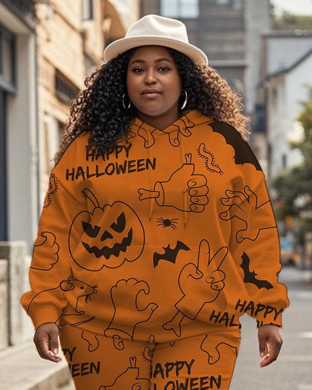 Women's Plus Size Halloween Graffiti Hoodie Set