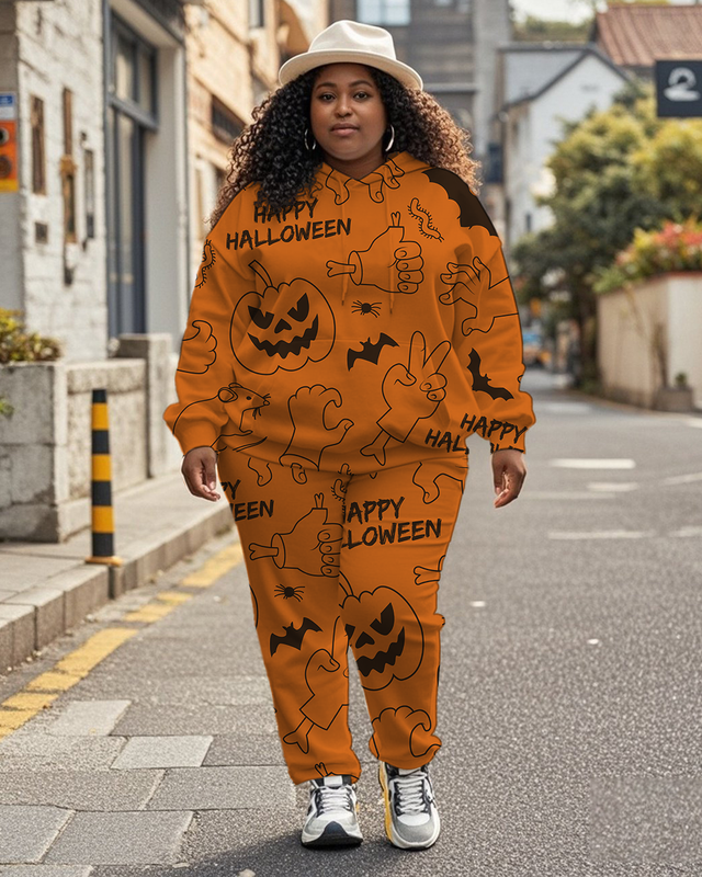 Women's Plus Size Halloween Graffiti Hoodie Set