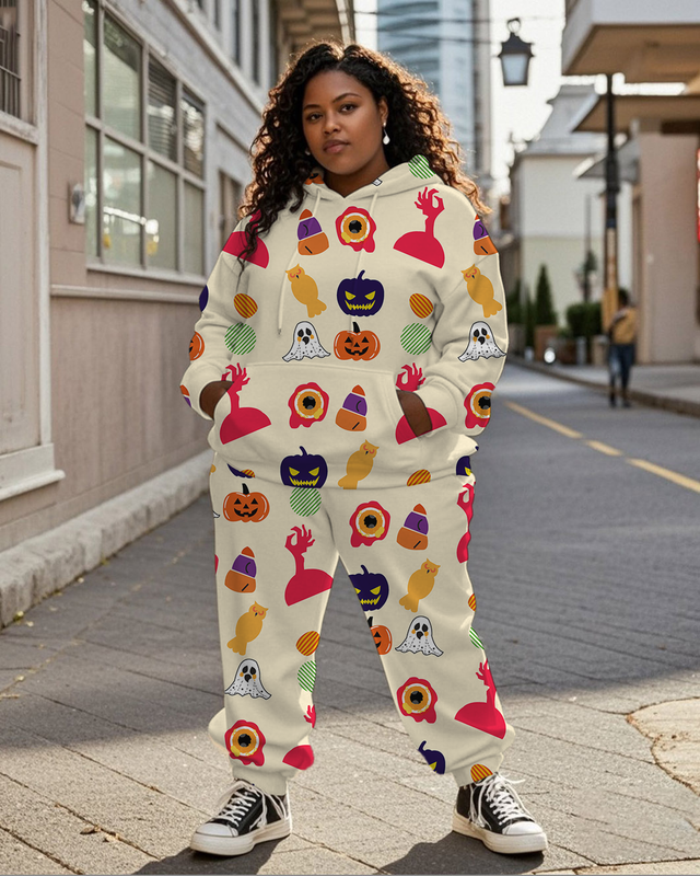 Women's Plus Size Halloween Graffiti Hoodie Set