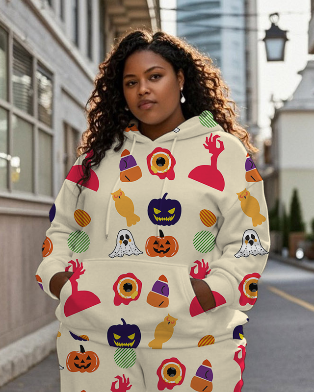 Women's Plus Size Halloween Graffiti Hoodie Set