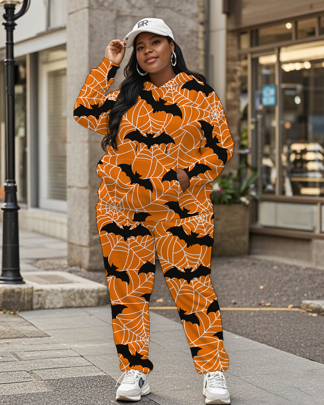 Women's Plus Size Halloween Graffiti Hoodie Set