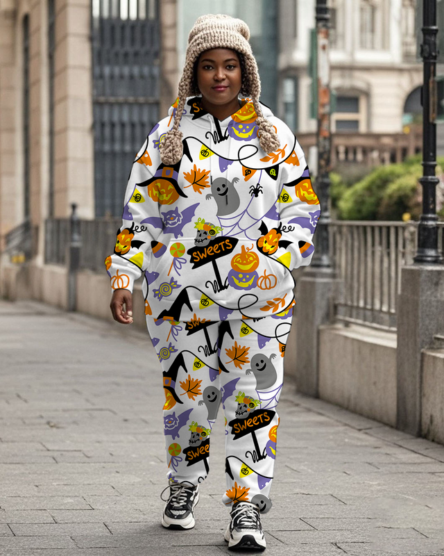 Women's Plus Size Halloween Graffiti Hoodie Set