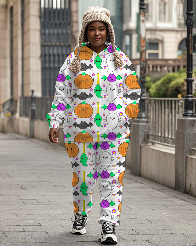 Women's Plus Size Halloween Graffiti Hoodie Set