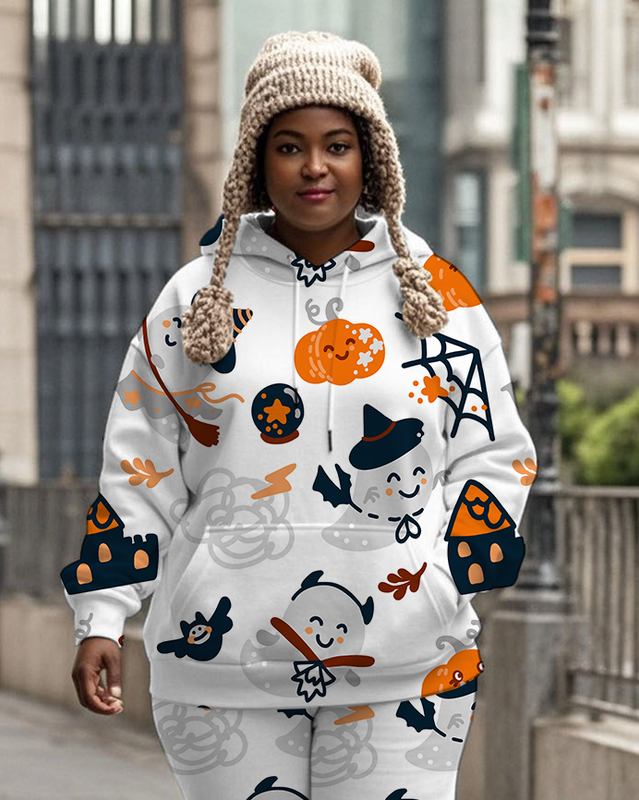 Women's Plus Size Halloween Graffiti Hoodie Set