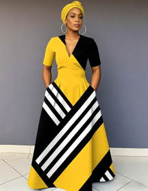V Neck Stripe Contrast Short Sleeve Maxi Dress