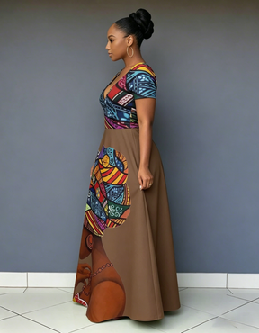 V Neck African Women Print Patchwork Short Sleeve Maxi Dress