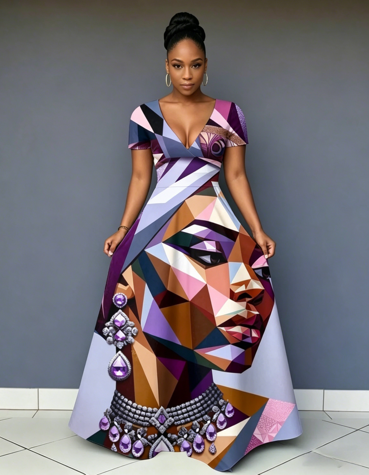 V Neck Abstraction of Black Woman Short Sleeve Maxi Dress