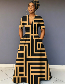 V Neck Irregular Stripes Prints Short Sleeve Maxi Dress