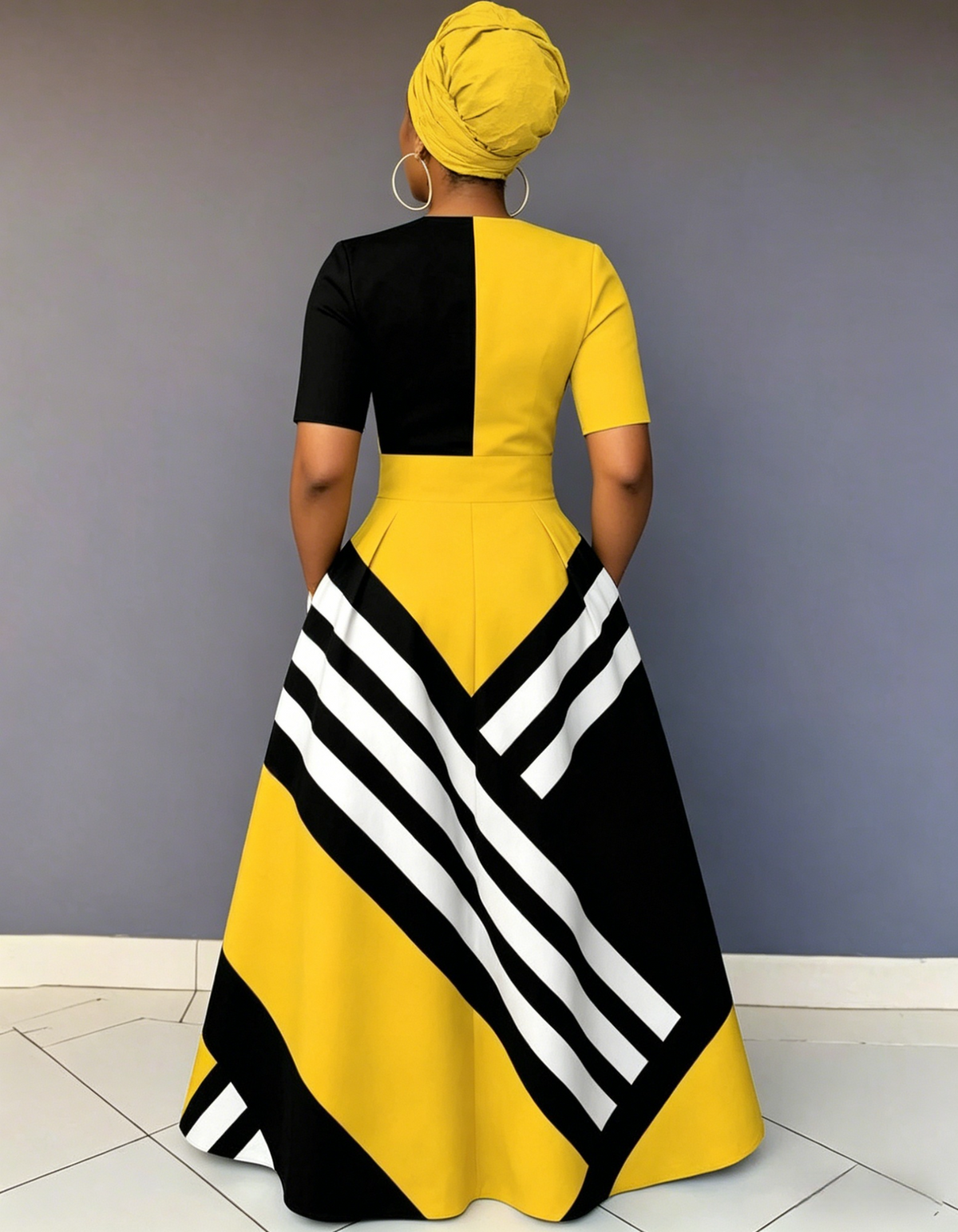 V Neck Stripe Contrast Short Sleeve Maxi Dress
