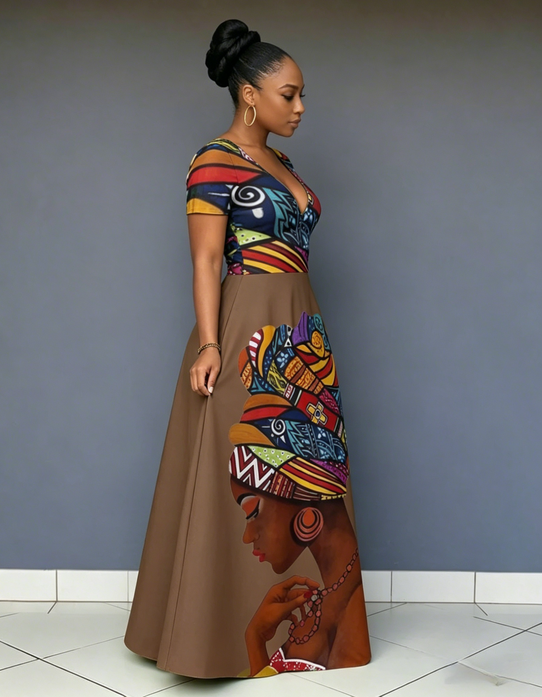 V Neck African Women Print Patchwork Short Sleeve Maxi Dress
