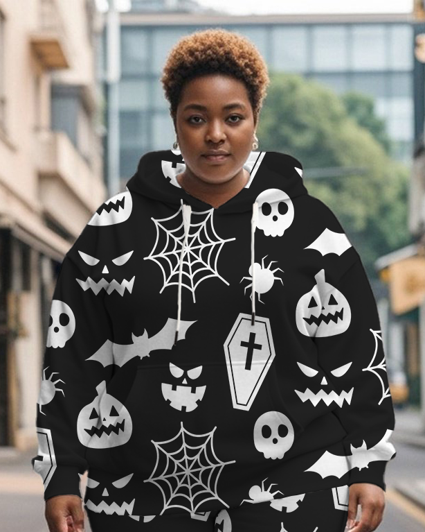 Women's Plus Size Halloween Graffiti Hoodie Set