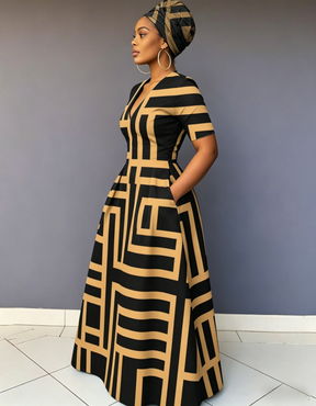 V Neck Irregular Stripes Prints Short Sleeve Maxi Dress