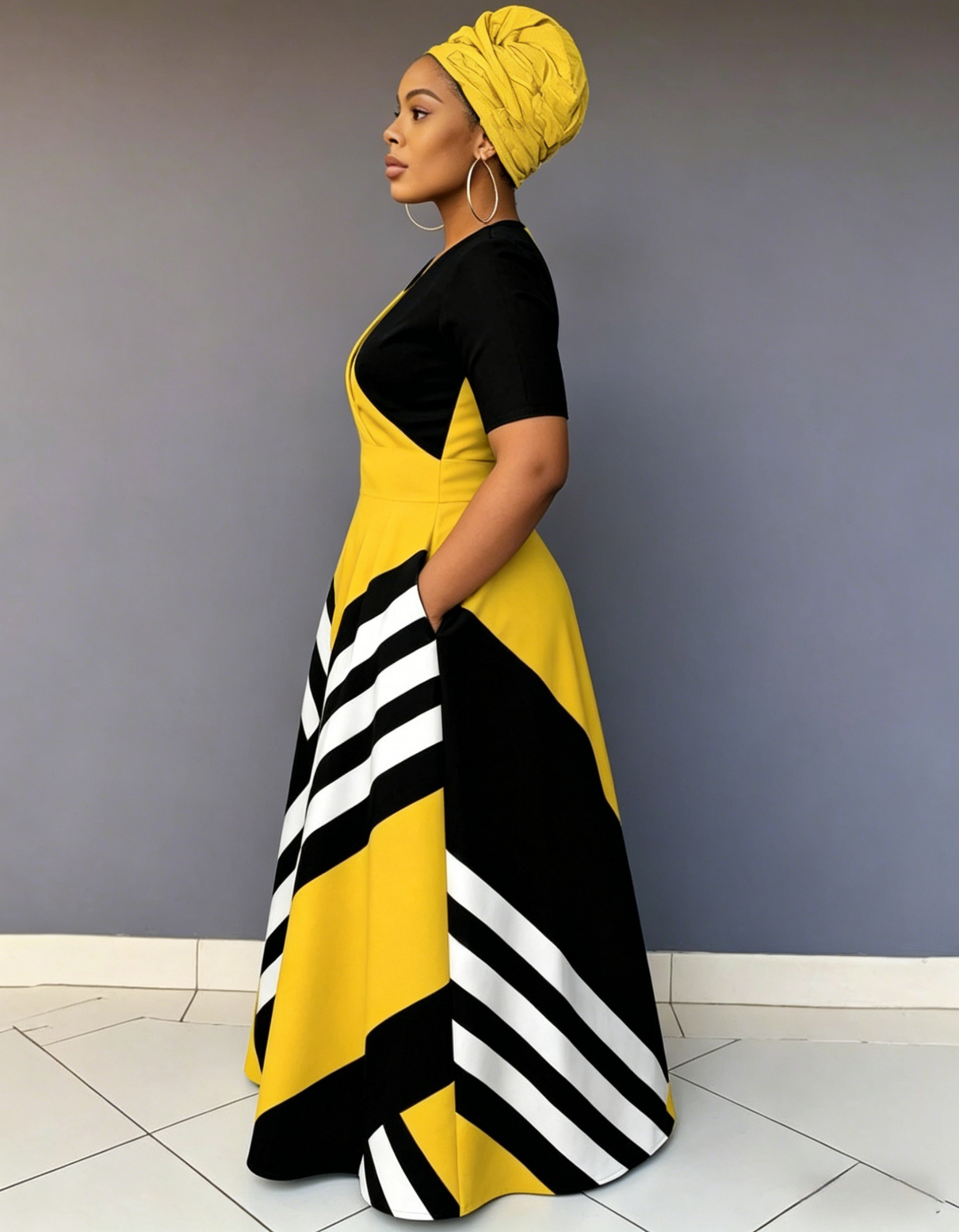V Neck Stripe Contrast Short Sleeve Maxi Dress