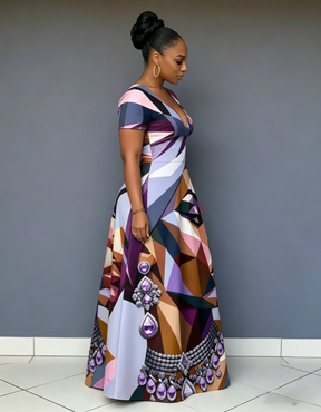 V Neck Abstraction of Black Woman Short Sleeve Maxi Dress