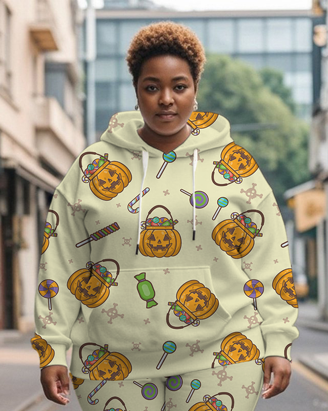Women's Plus Size Halloween Graffiti Hoodie Set