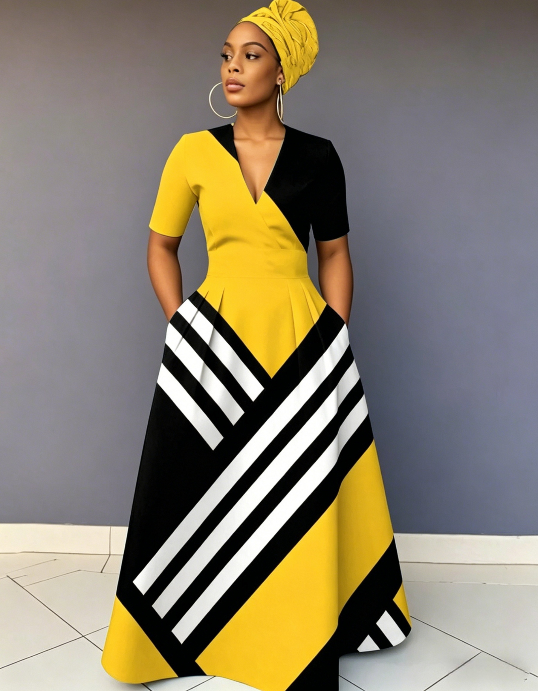 V Neck Stripe Contrast Short Sleeve Maxi Dress