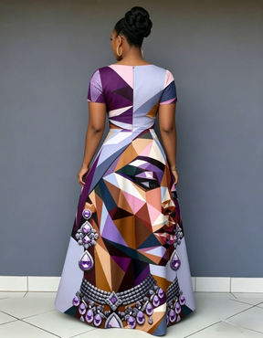 V Neck Abstraction of Black Woman Short Sleeve Maxi Dress
