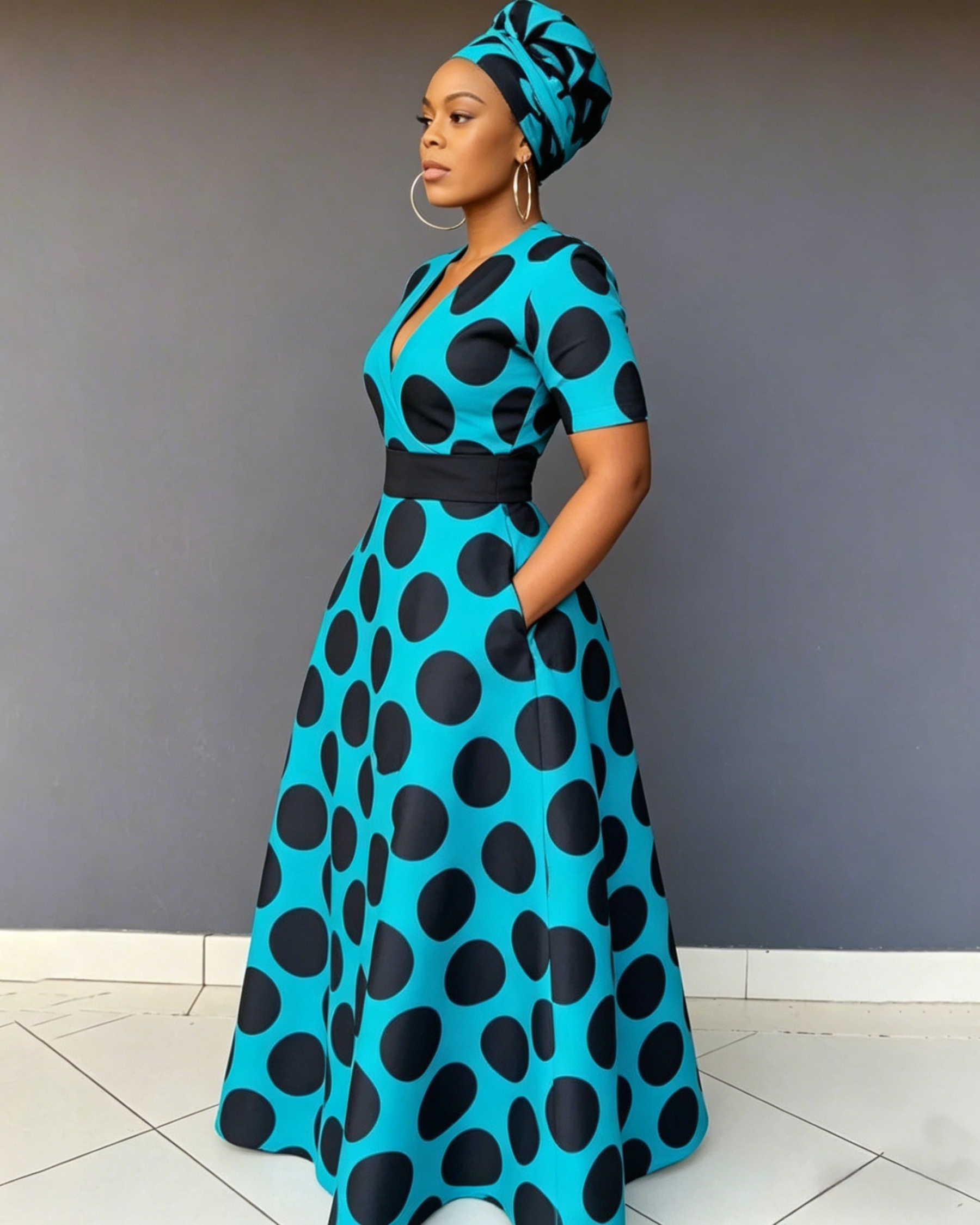 V Neck Black Big Dots Short Sleeve Maxi Dress