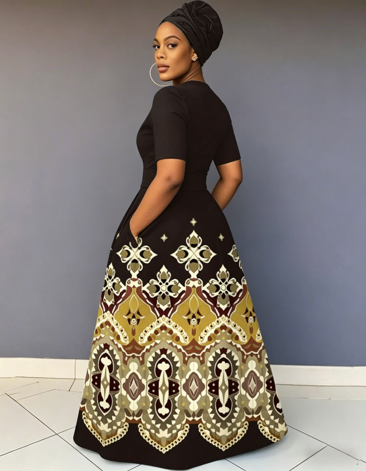 V Neck Geometric Prints Short Sleeve Maxi Dress