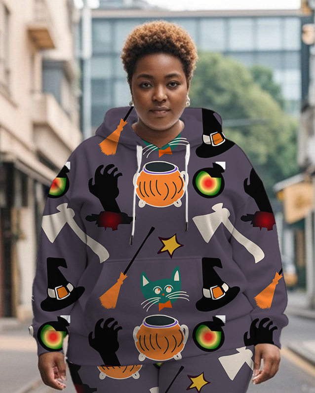 Women's Plus Size Halloween Graffiti Hoodie Set