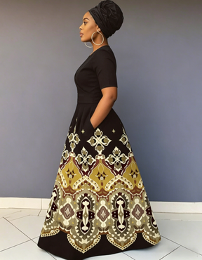 V Neck Geometric Prints Short Sleeve Maxi Dress