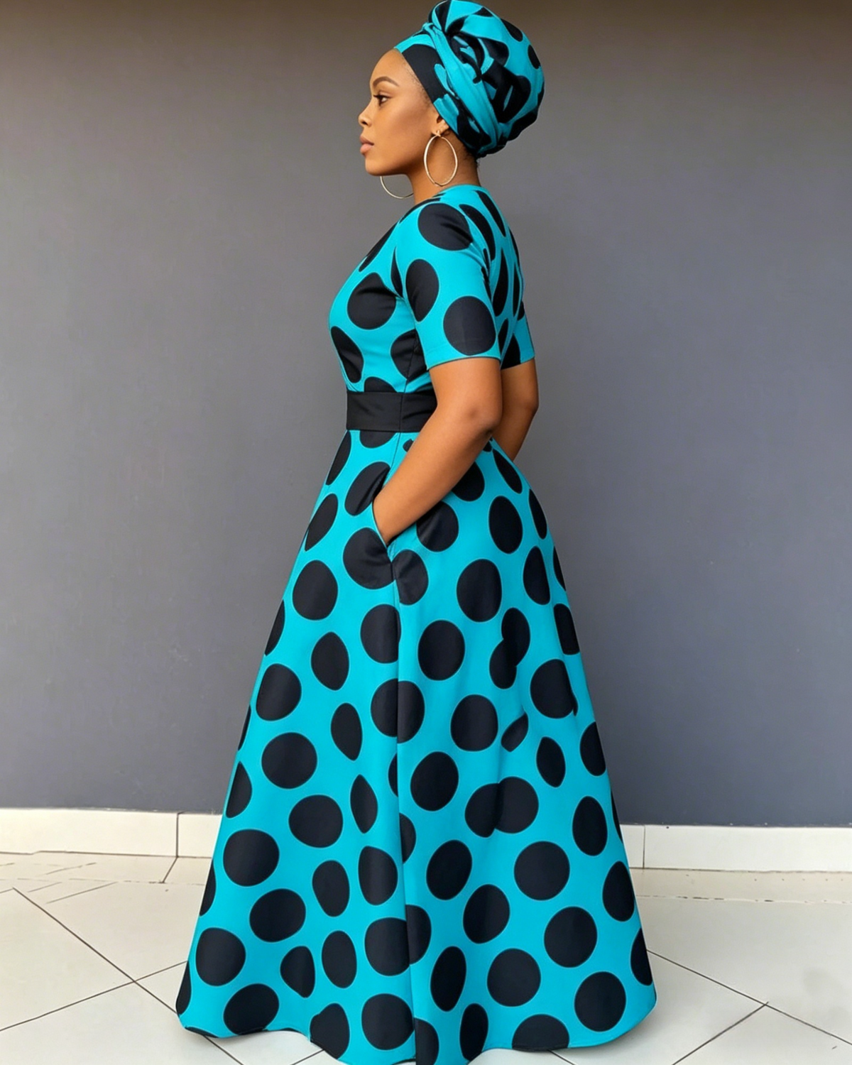 V Neck Black Big Dots Short Sleeve Maxi Dress