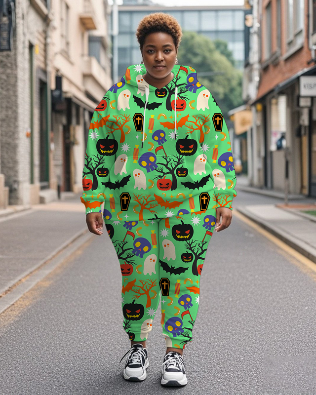Women's Plus Size Halloween Graffiti Hoodie Set