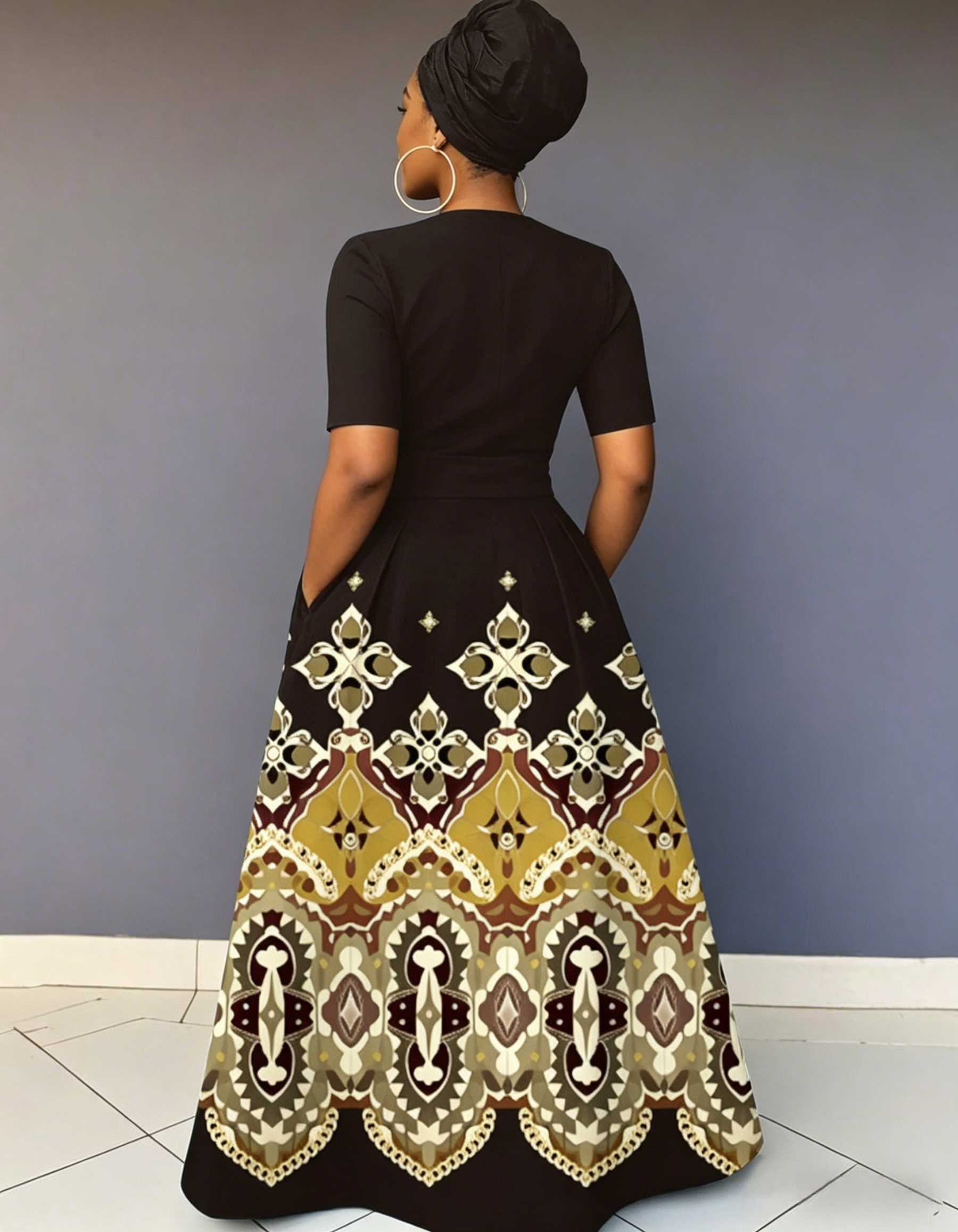 V Neck Geometric Prints Short Sleeve Maxi Dress