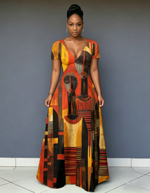 V Neck African Oil Painting Woman Short Sleeve Maxi Dress