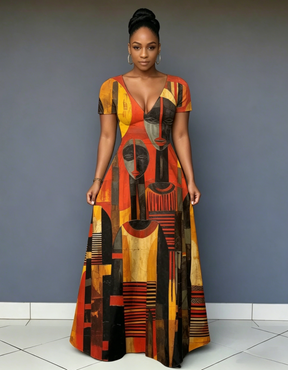 V Neck African Oil Painting Woman Short Sleeve Maxi Dress