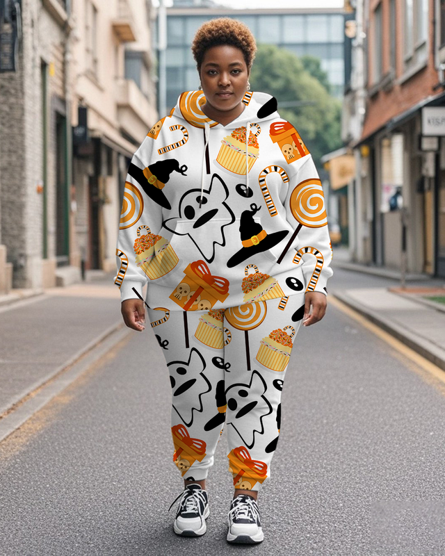 Women's Plus Size Halloween Graffiti Hoodie Set
