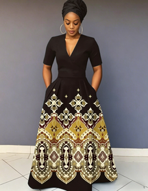V Neck Geometric Prints Short Sleeve Maxi Dress