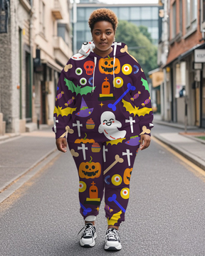 Women's Plus Size Halloween Graffiti Hoodie Set