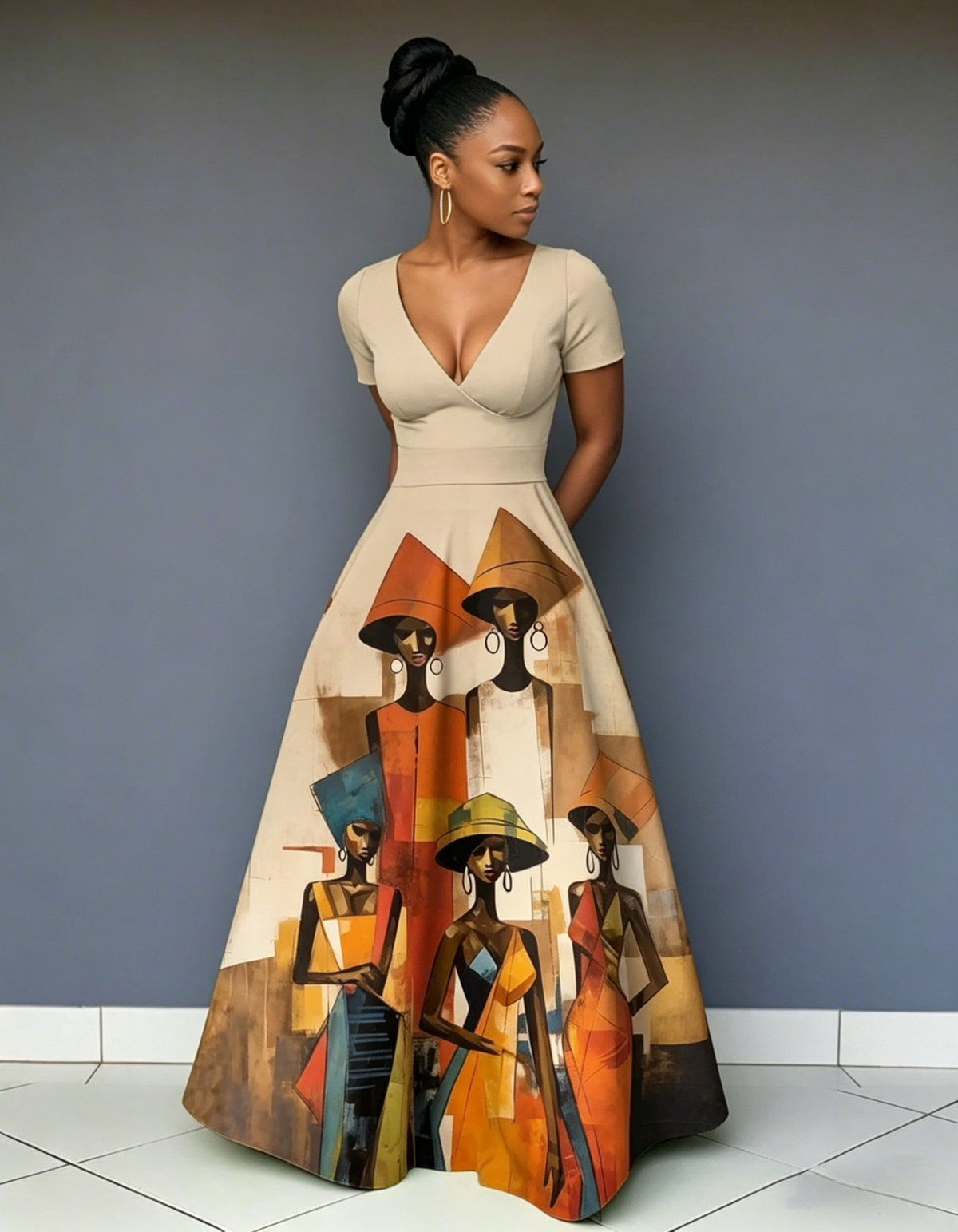 V Neck Traditional Tribal Sisters Short Sleeve Maxi Dress