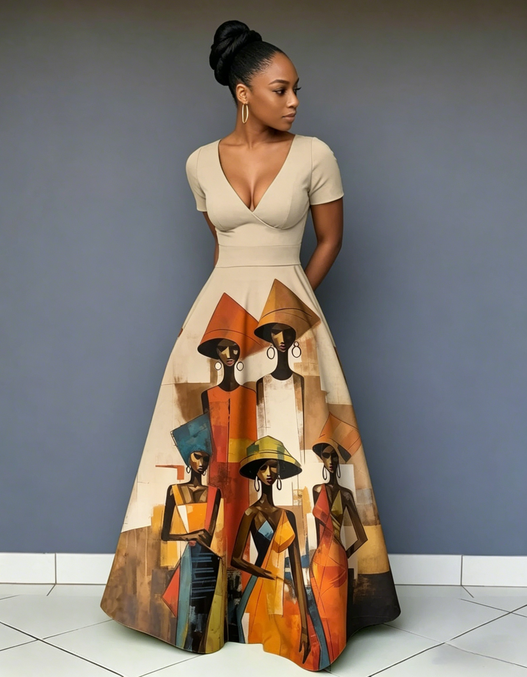V Neck Traditional Tribal Sisters Short Sleeve Maxi Dress