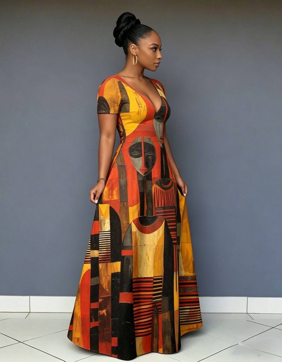 V Neck African Oil Painting Woman Short Sleeve Maxi Dress