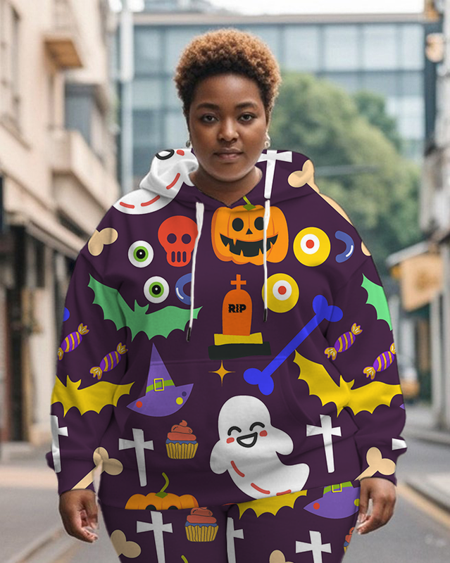 Women's Plus Size Halloween Graffiti Hoodie Set