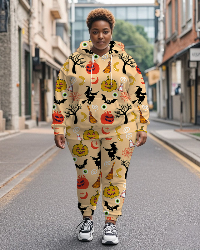 Women's Plus Size Halloween Graffiti Hoodie Set