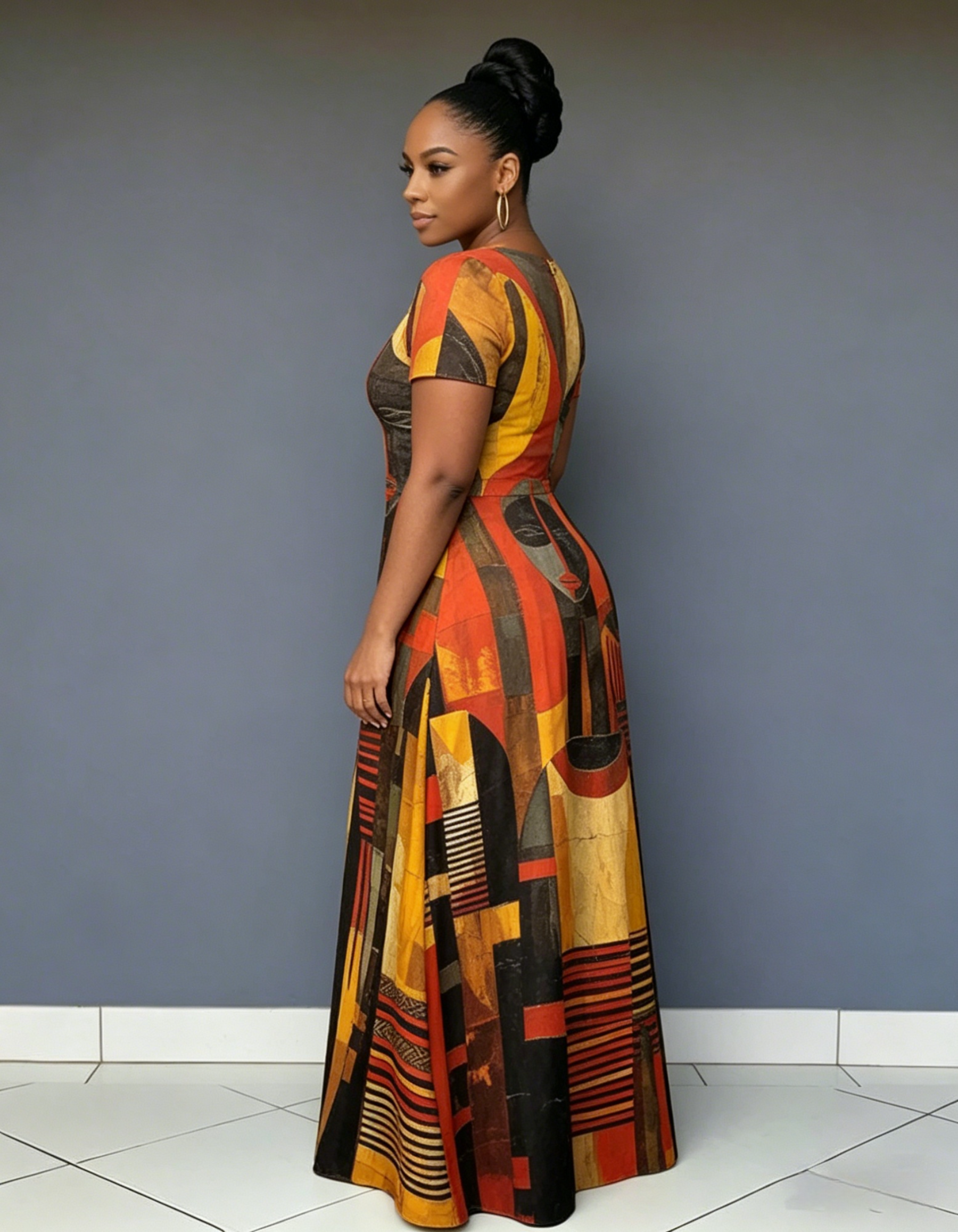 V Neck African Oil Painting Woman Short Sleeve Maxi Dress