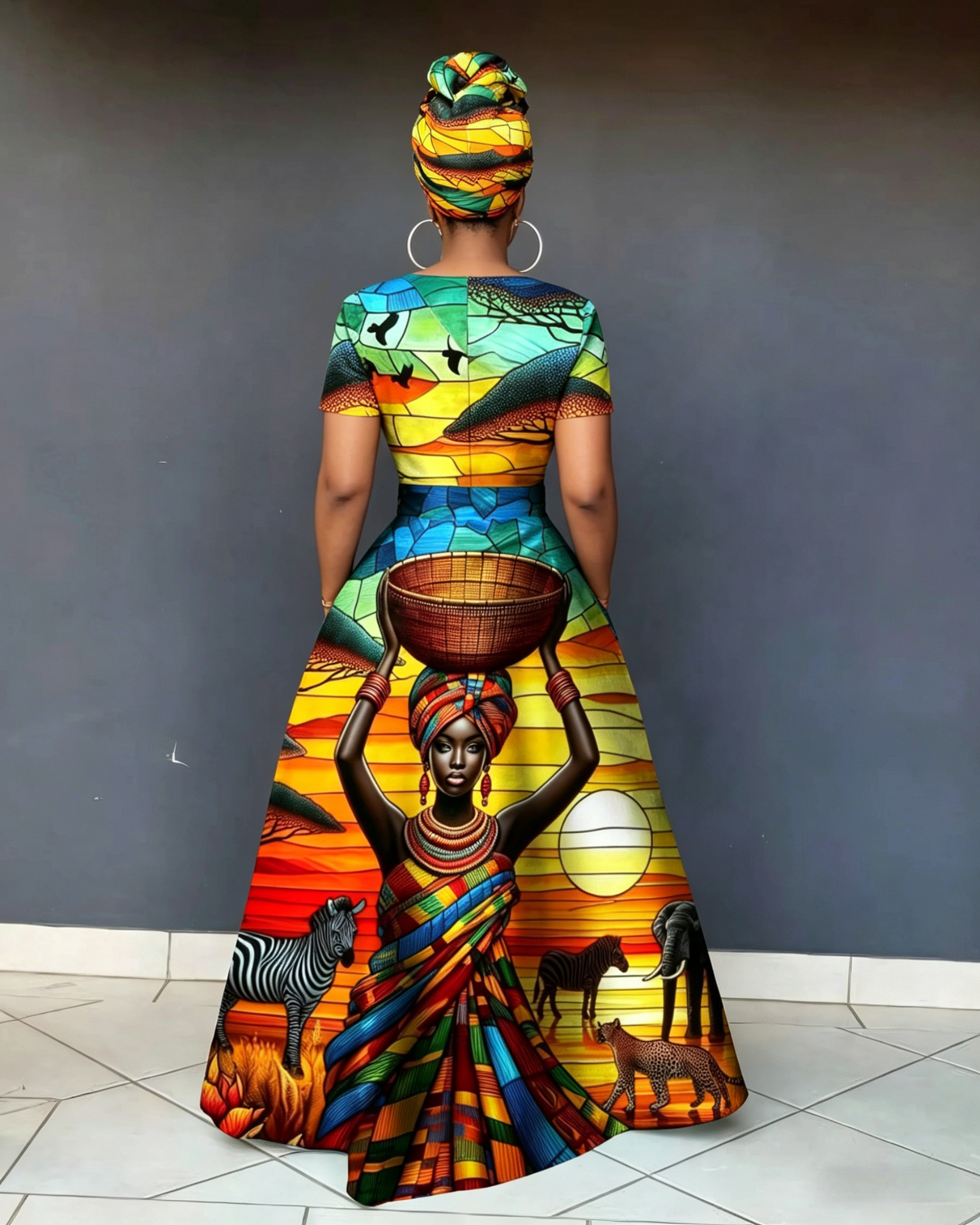 V Neck Black Tribal Girl Short Sleeve Maxi Dress
