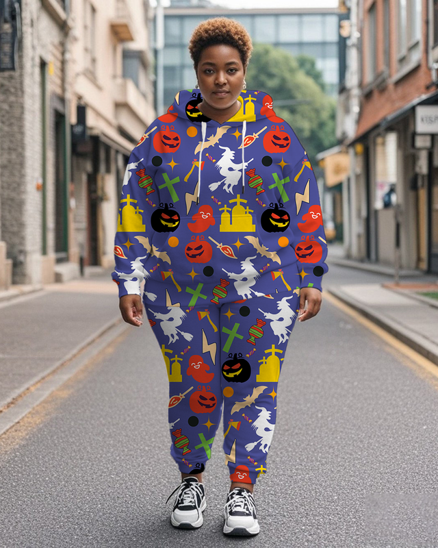 Women's Plus Size Halloween Graffiti Hoodie Set