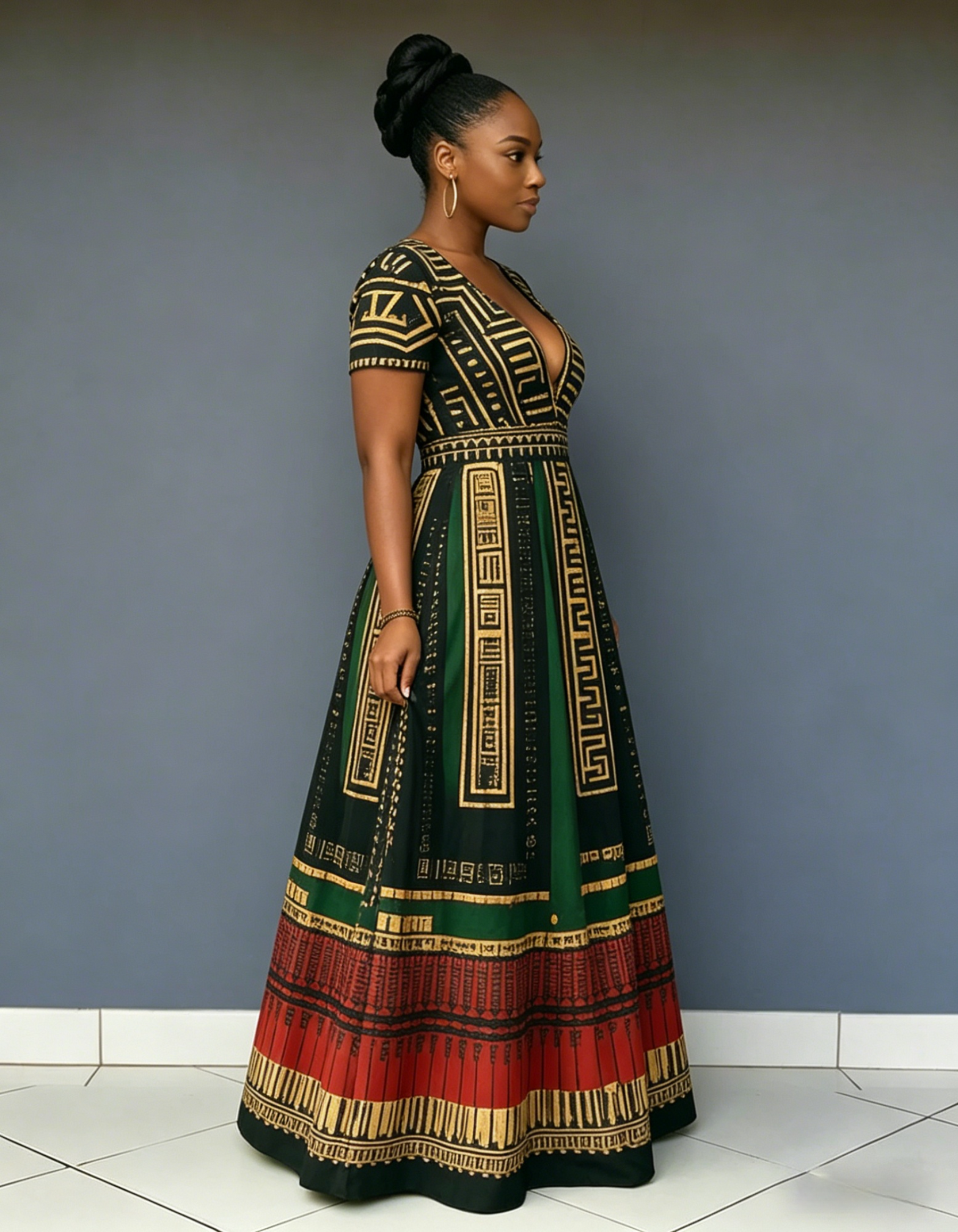 V Neck Gold Geometric Stripes Color Blocking Short Sleeve Pocket Maxi Dress