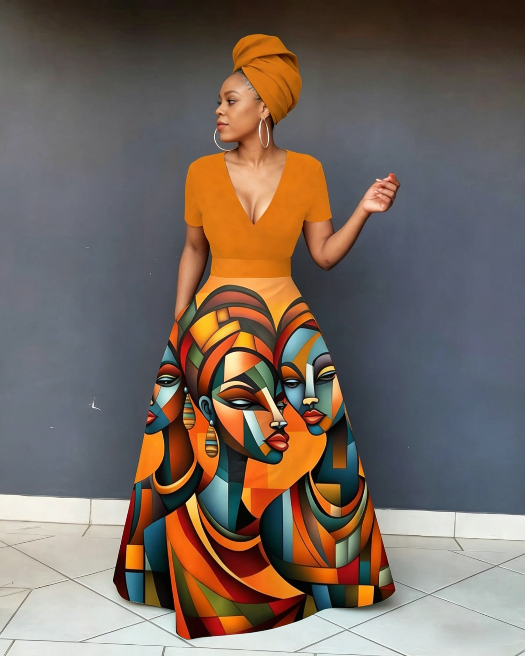 V Neck Striped Africa Map Print Short Sleeve Maxi Dress