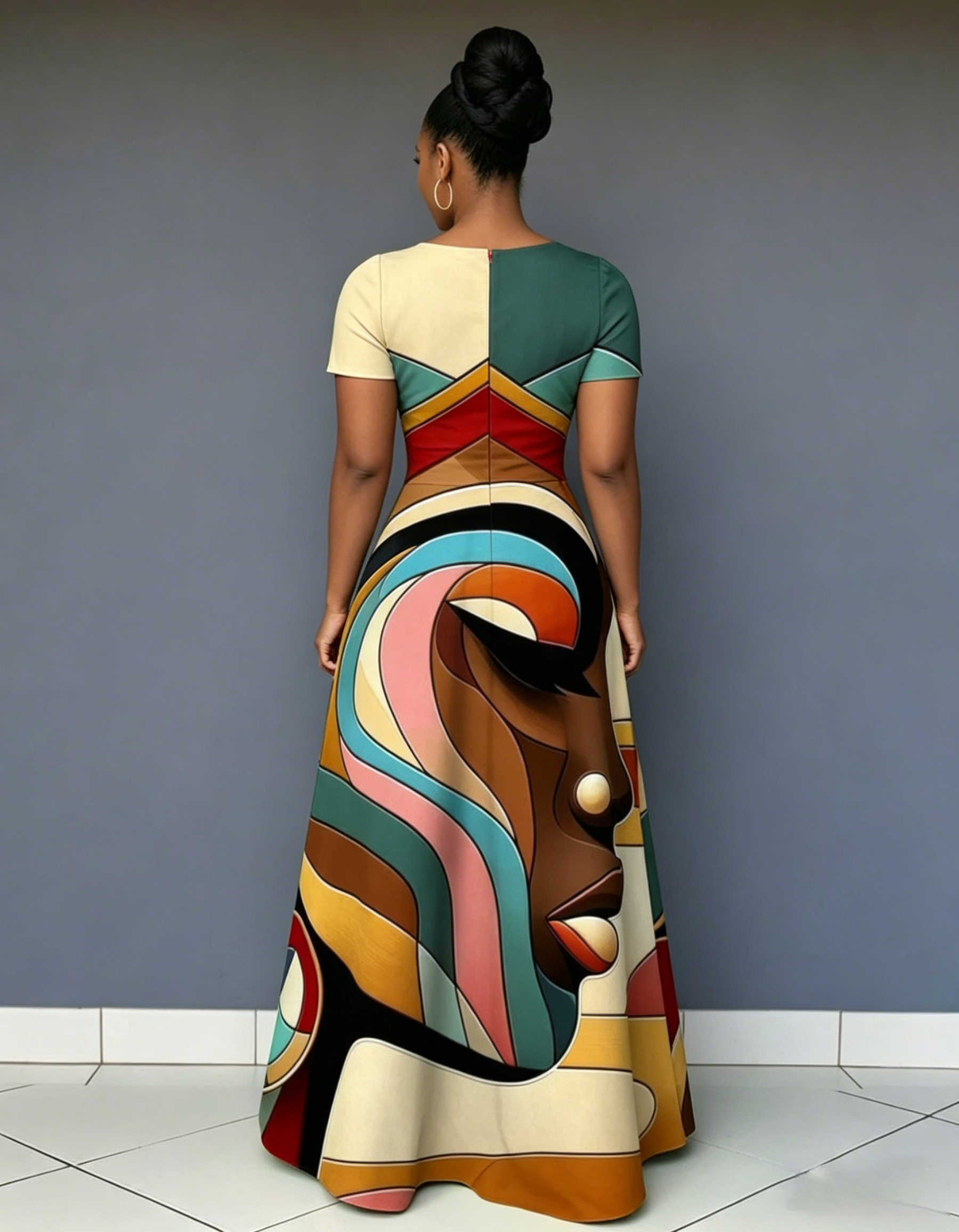 V Neck Color Line Face Art Short Sleeve Maxi Dress