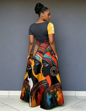 V Neck Retro Tribal Contrast Print Short Sleeve Maxi Dress